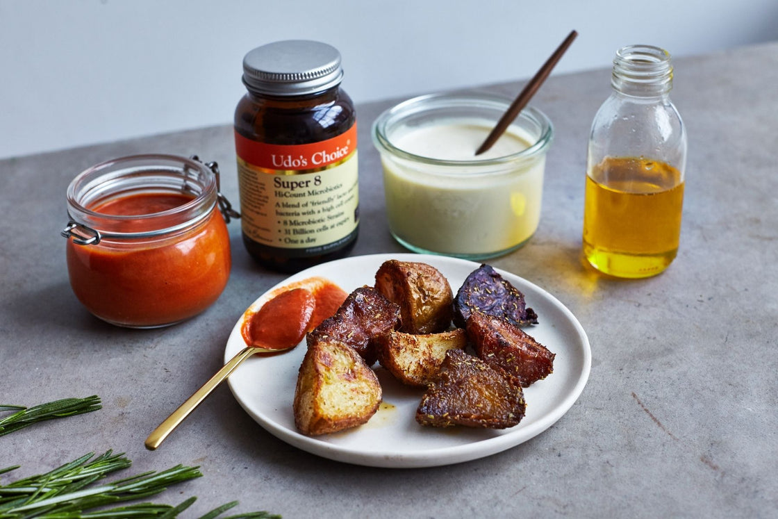 Smoked Rosemary Potatoes with Fermented Hot Sauce & Sour Cream