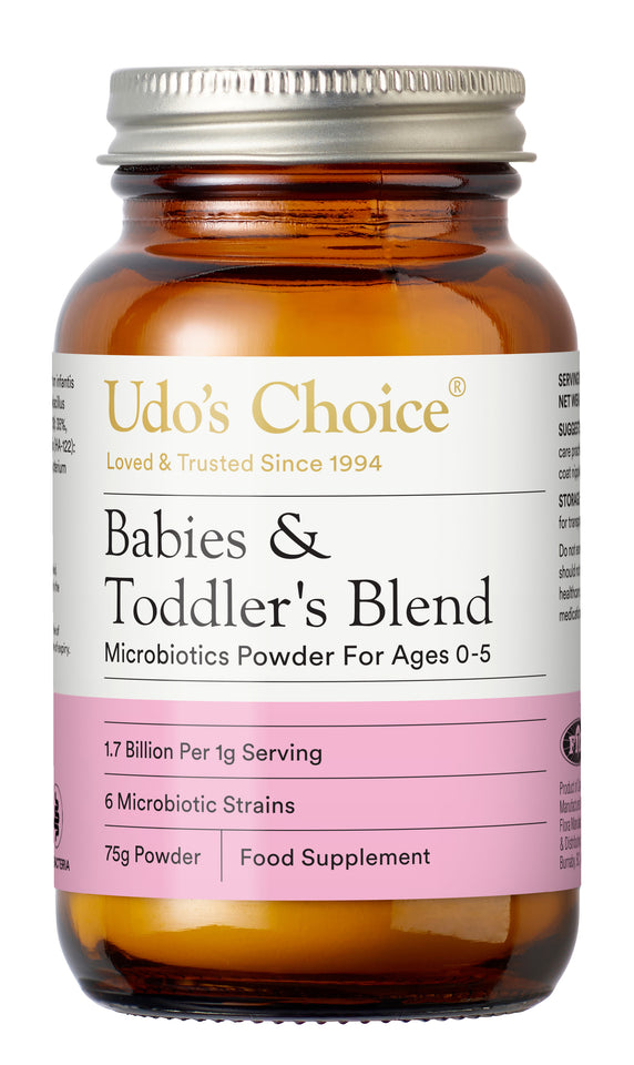 Udo's Choice Babies & Toddler's Blend powder bottle on a white background