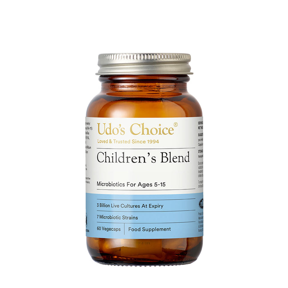 Udo's Choice Children's Blend Microbiotics bottle for kids' gut health with 7