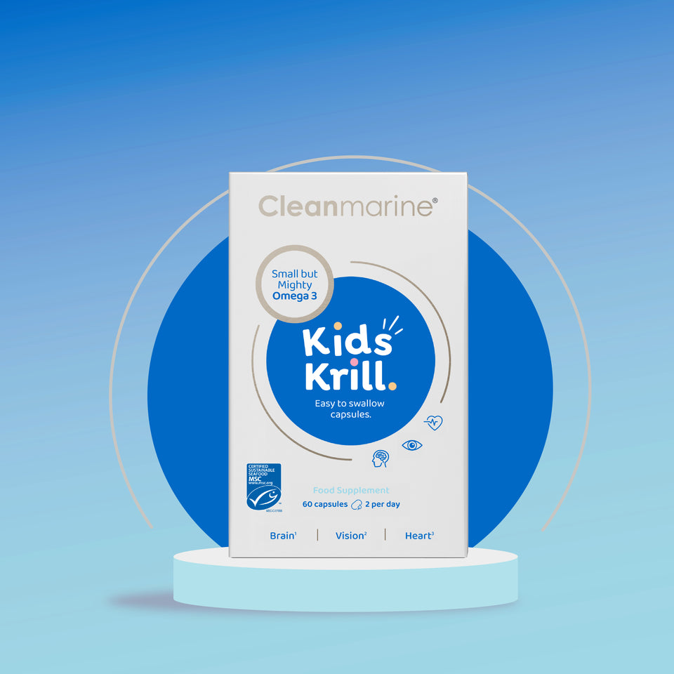 Cleanmarine Kids Krill packaging on a blue background