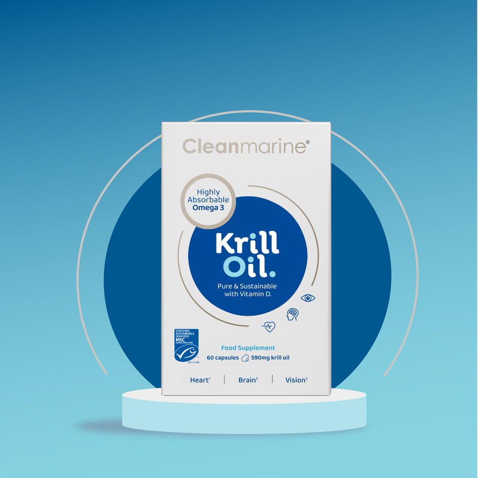 Cleanmarine Krill Oil supplement packaging on a blue background