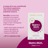 MenoMin supplement packaging with product details on a pink background