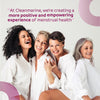 Four women in white robes smiling and embracing with a quote about menstrual health on a light pink background.
