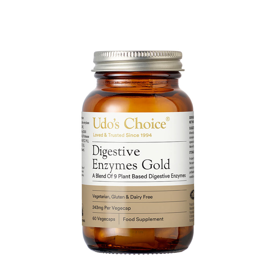 Udo's Choice Digestive Enzymes Gold 60-day supply bottle with 9 plant-based enzymes for protein, fat, and carb digestion, vegetarian and gluten-free