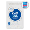 Packaging of Cleanmarine Krill Oil supplements, with branding and product information displayed.