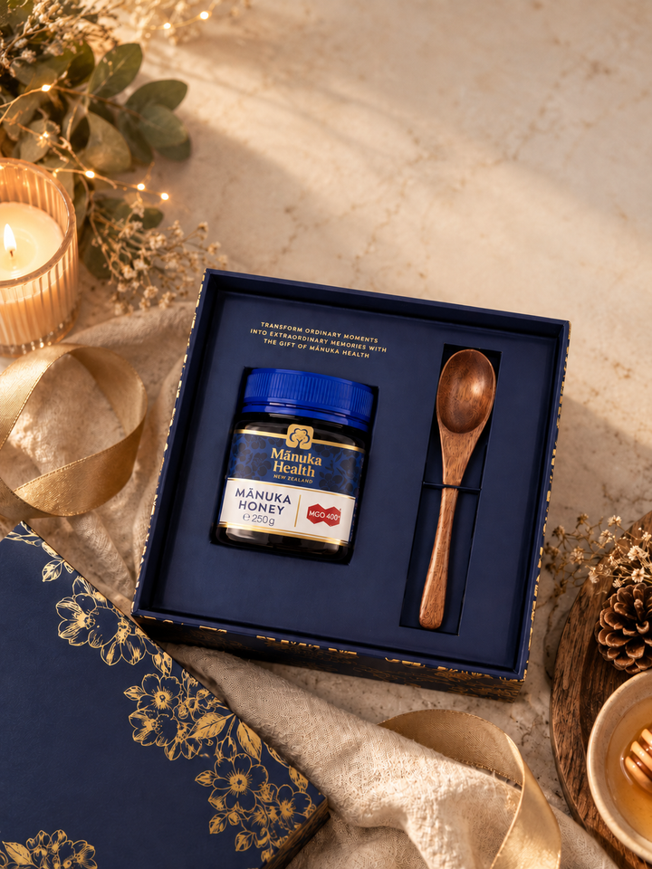 A gorgeous manuka health honey gift set complete with box and wooden spoon. Perfect for christmas gifts