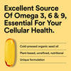Yellow background with text about omega-3, omega-6, and omega-9 essential fatty acids for cellular health.