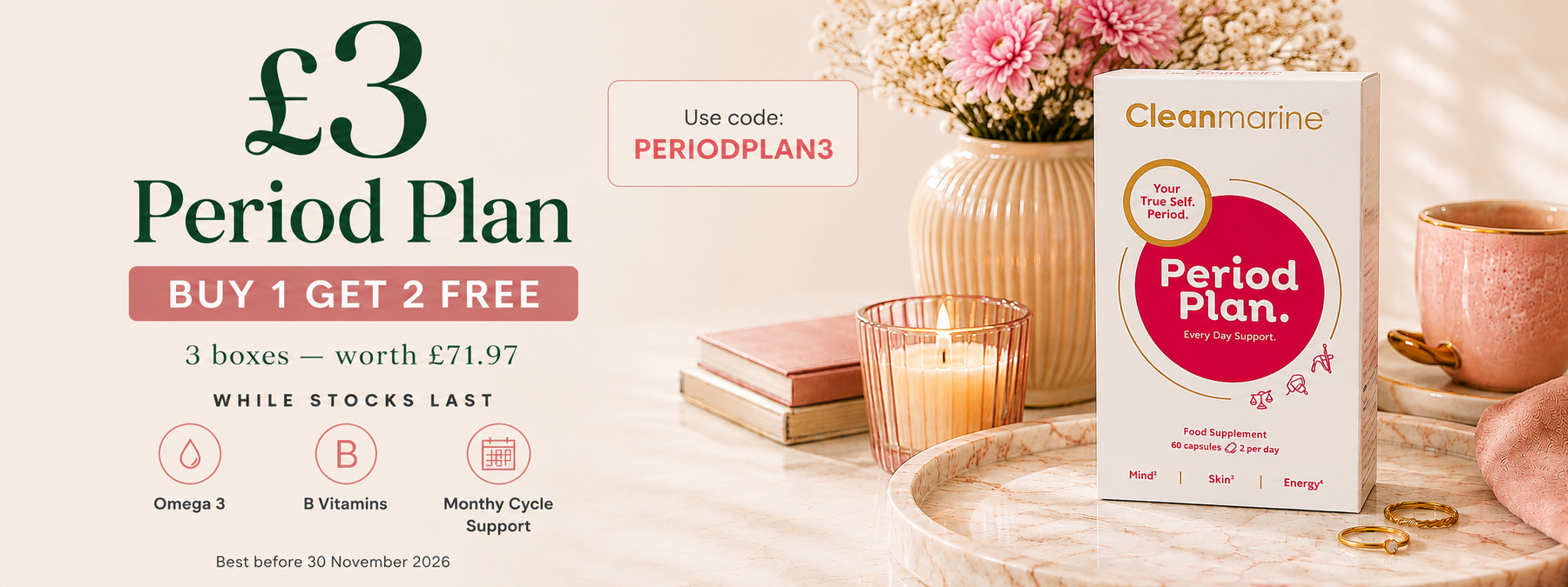 Cleanmarine Period Plan supplement box displayed on a styled tabletop with books, a candle, flowers, and a pink mug. Promotional text advertises a £3 Period Plan deal with a use code.